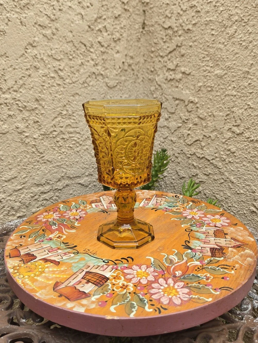 Strawberry Street Vatican 8oz Amber Red Wine Glass Embossed Goblet VTG Regency